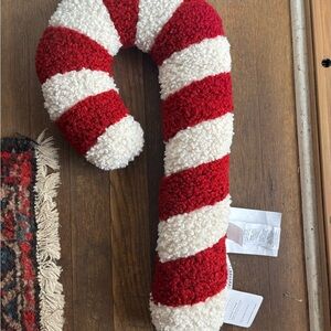 NEW Pottery Barn Cozy Teddy Faux Fur Candy Cane Shaped Pillow, Christmas decor